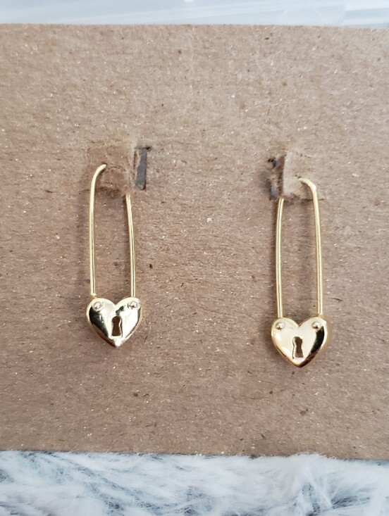 Source Unknown Jewelry - Gold Heart Safety Pin Lock Locket Drop Earrings New